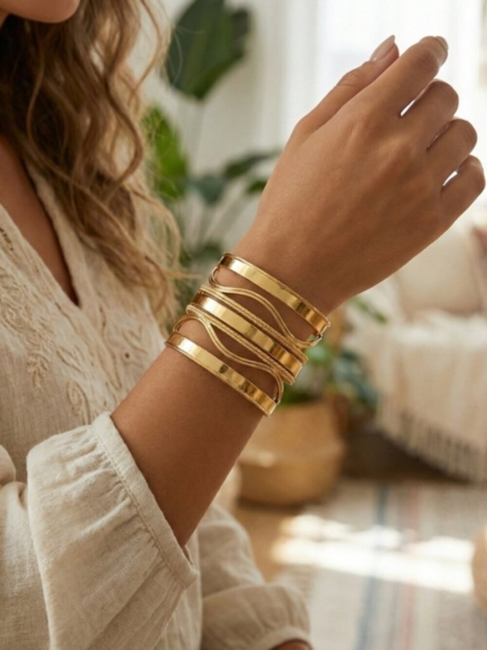 18K Gold Plated Wide Cuff Bracelet Textured Multi Band Statement Bangle Gift